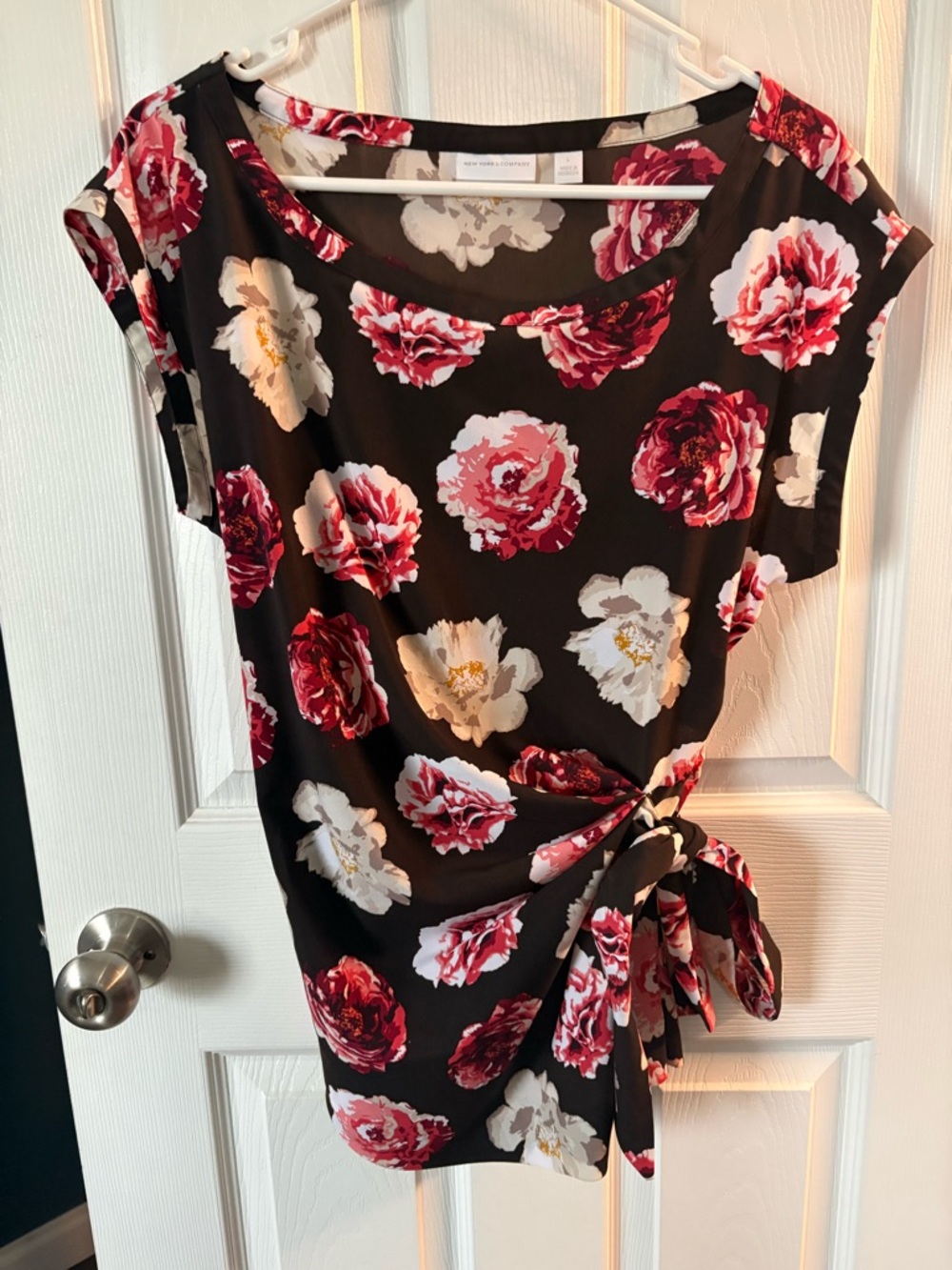 New York & Company Black Mini Dress with Red and White Floral Print